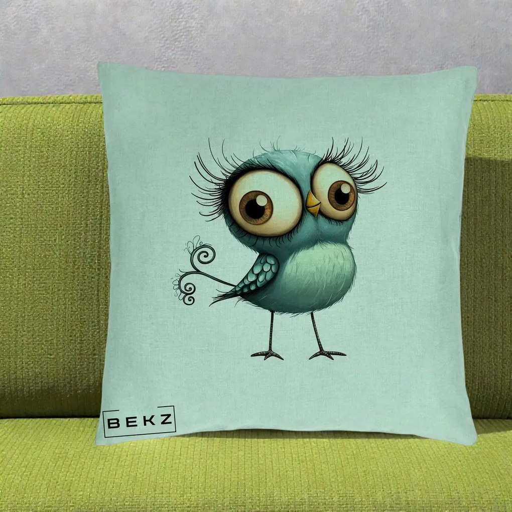 Perna Decorativa Pasare Teal cu Gene si Coada Spiralata, 40x40 cm, Verde Menta, Husa Detasabila, Perna Inclusa, BEKZ®