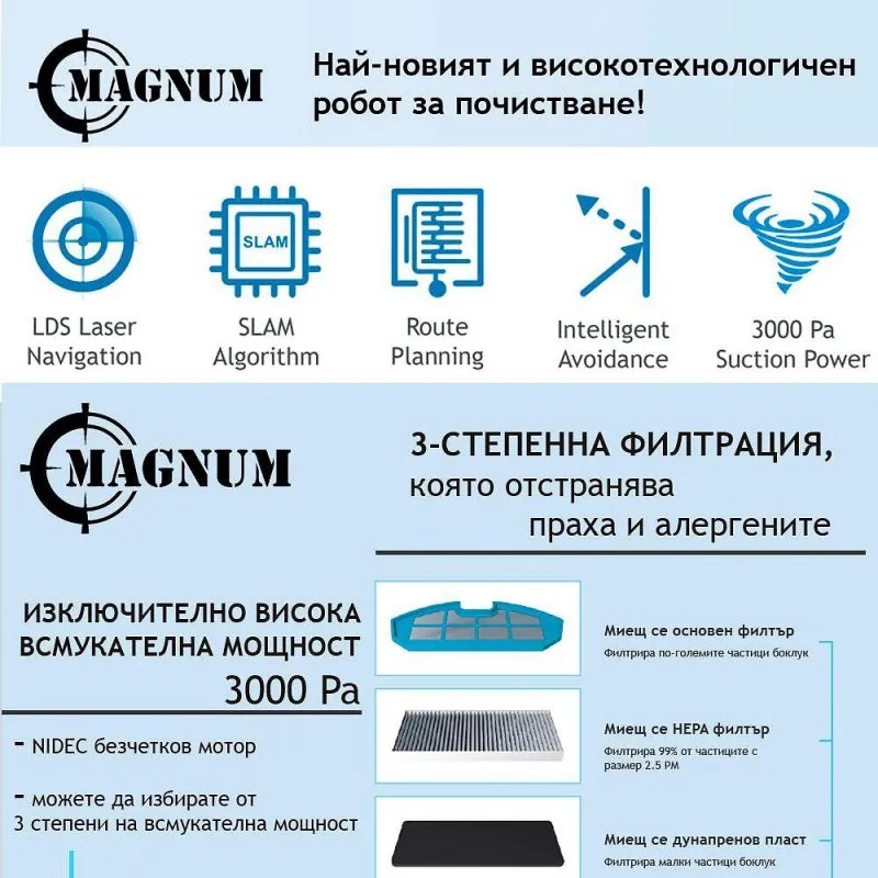 Aspirator roboti cu autogolire MAGNUM MAX, Li-ion 3200 mAh, 42W, SMART, 3000 Pa, 0.24 l, Wi-Fi, Control vocal, Curatare uscata si umeda, Programare, HEPA, Recunoastere camera, Alb