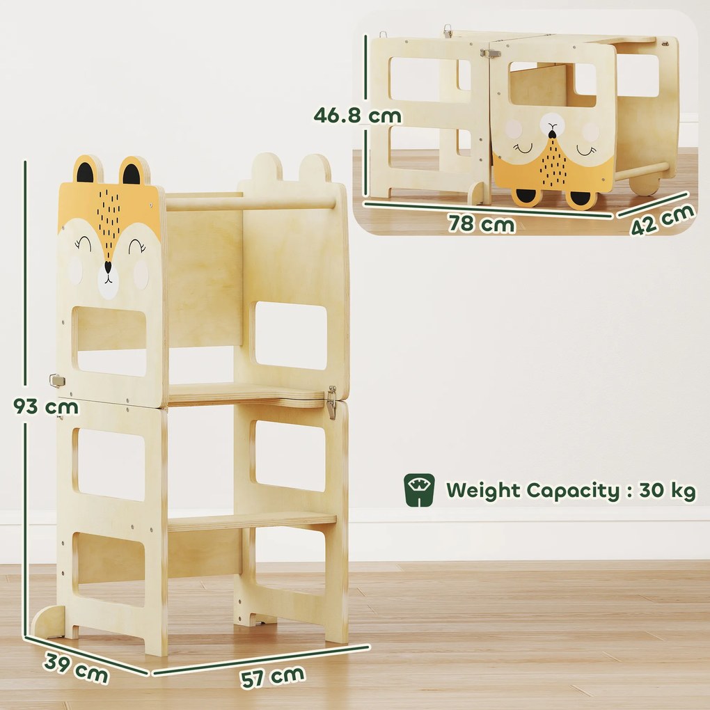 Turn Montessori AIYAPLAY pentru Copii 2-5 Ani cu Tablă și Măsuță, Scăunel pentru Copii din Placaj, 57x39x93 cm, Culoare Lemn | Aosom Romania