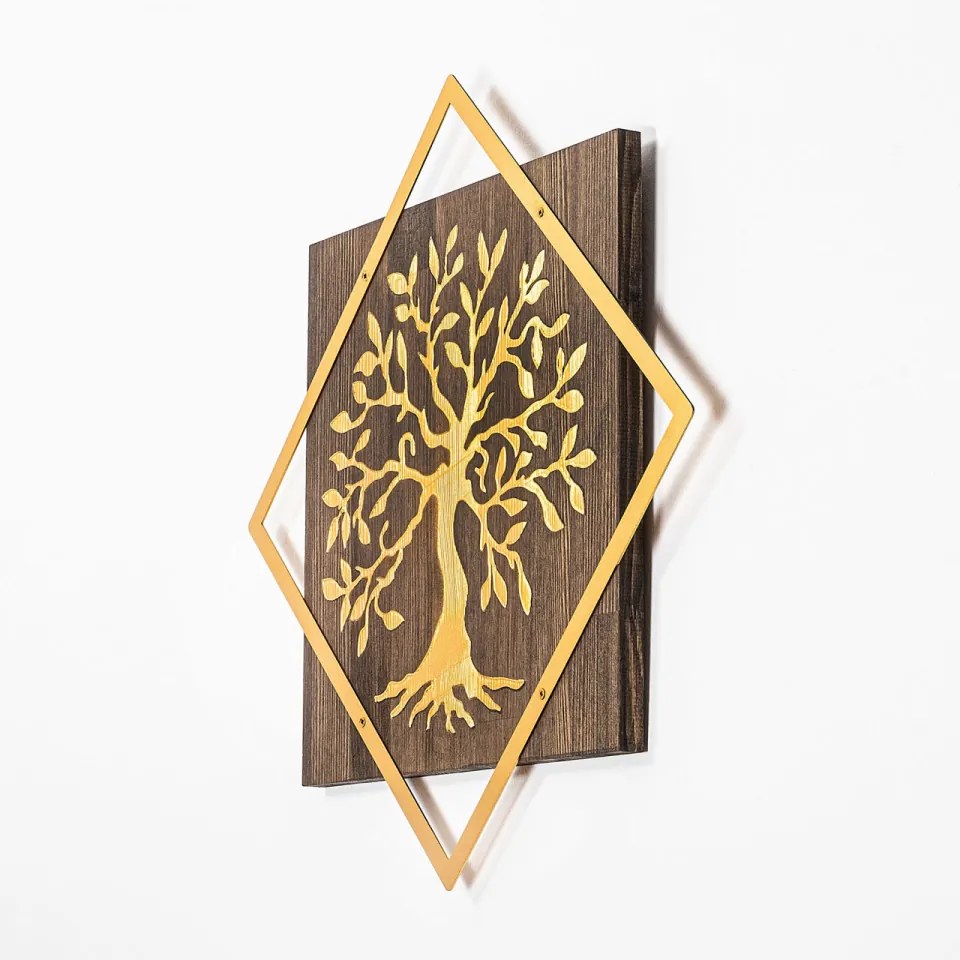 Accesoriu Decorativ de Perete Tree v2, Auriu, Metal / Lemn