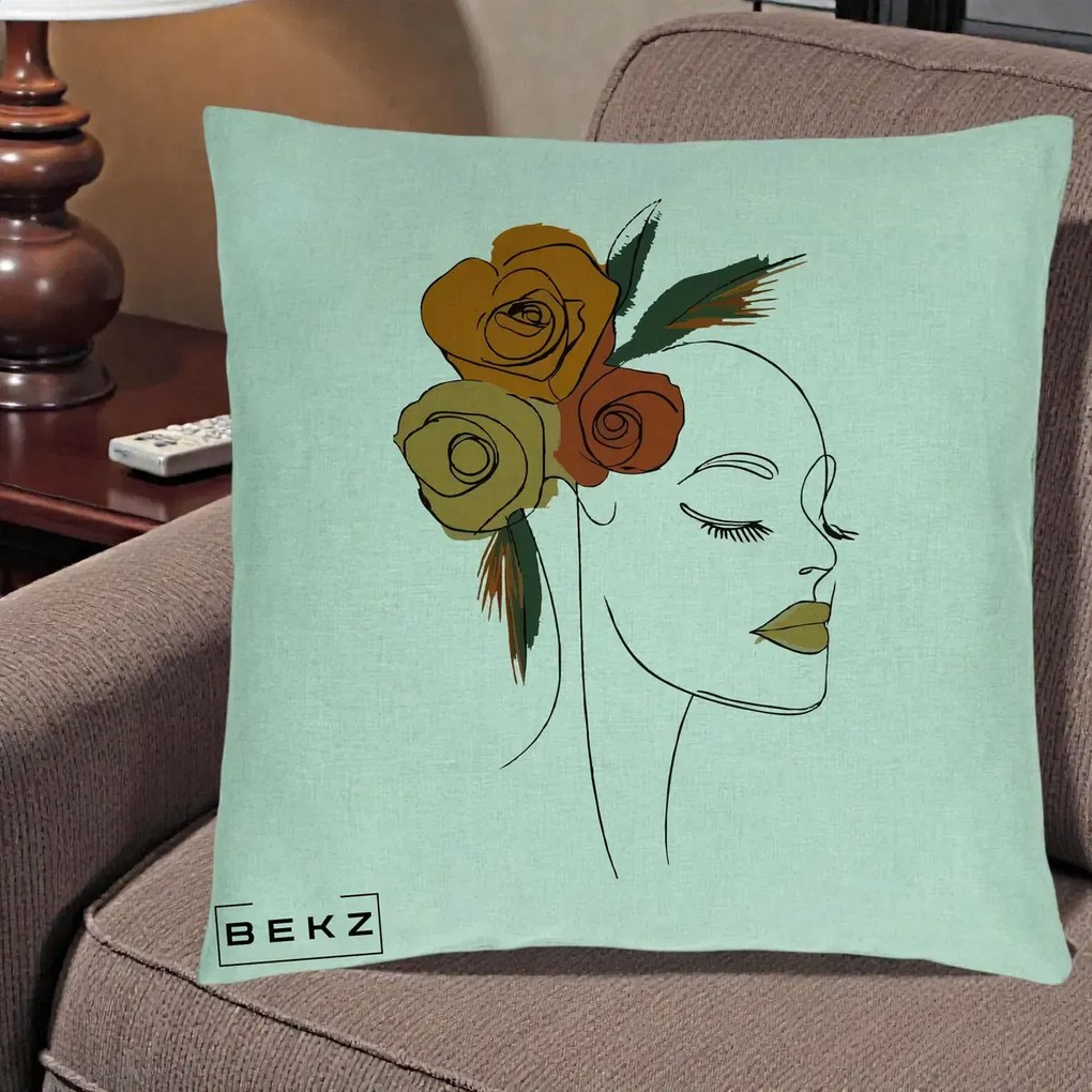 Perna Decorativa Portret Feminin Trandafiri Ruginii, 40x40 cm, Verde Menta, Husa Detasabila, Perna Inclusa, BEKZ®