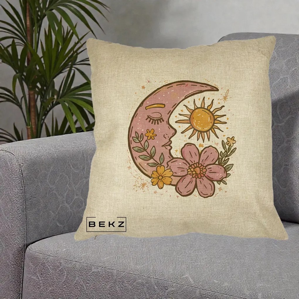Perna Personalizata Luna si Soare Floral Boho, 40x40 cm, Crem, Husa Detasabila, Perna Inclusa, BEKZ®