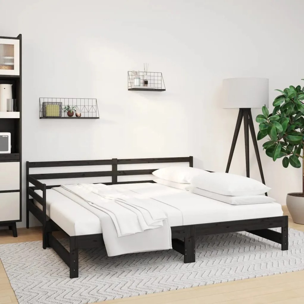 814703 vidaXL Pat de zi extensibil, negru, 2x(80x200) cm, lemn masiv de pin