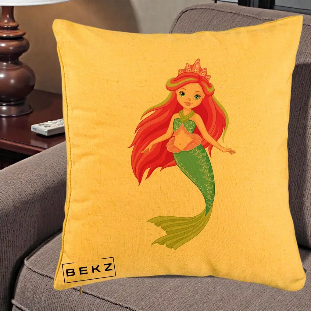 Perna Decorativa Sirena Roz cu Coroana, 40x40 cm, Galben, Husa Detasabila, Perna Inclusa, BEKZ®