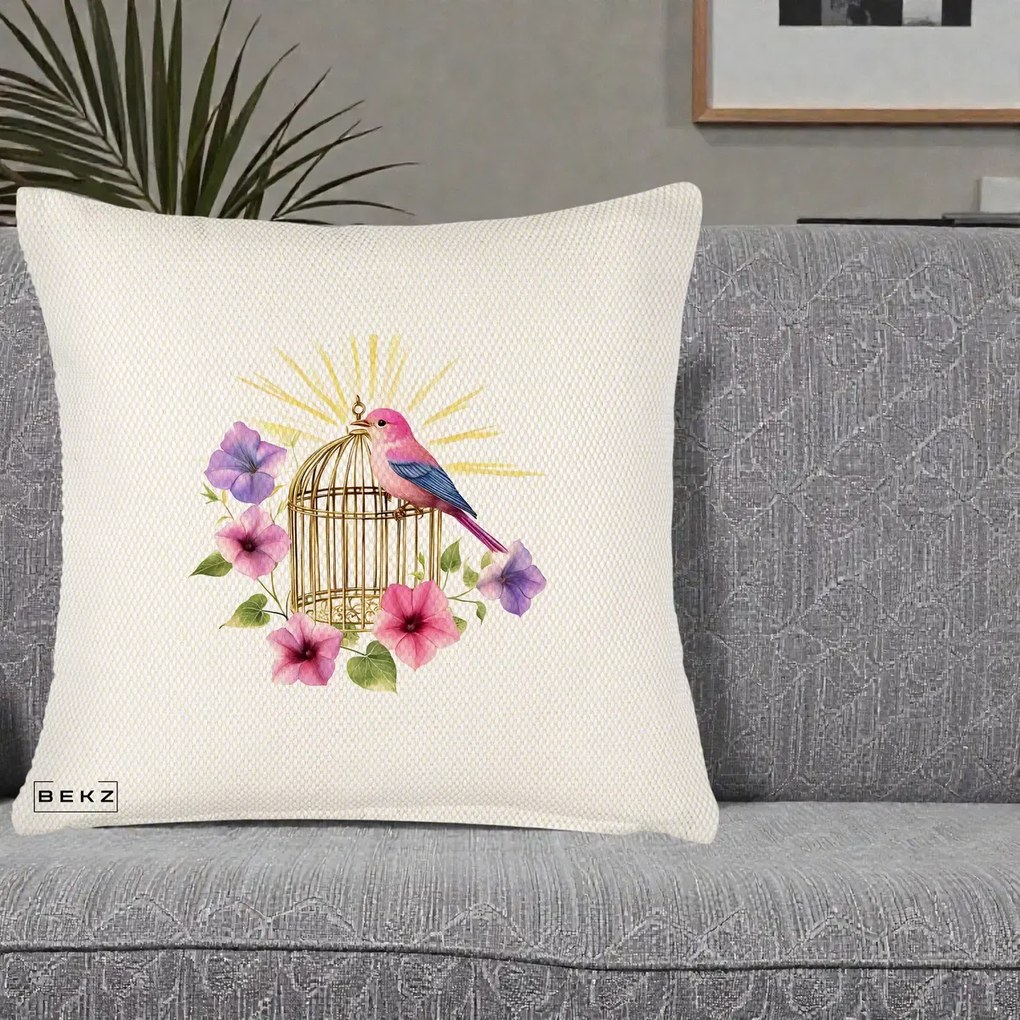 Perna Decorativa Pasare Roz pe Colivie Aurie cu Flori, 40x40 cm, Crem Reliefat, Husa Detasabila, Perna Inclusa, BEKZ®