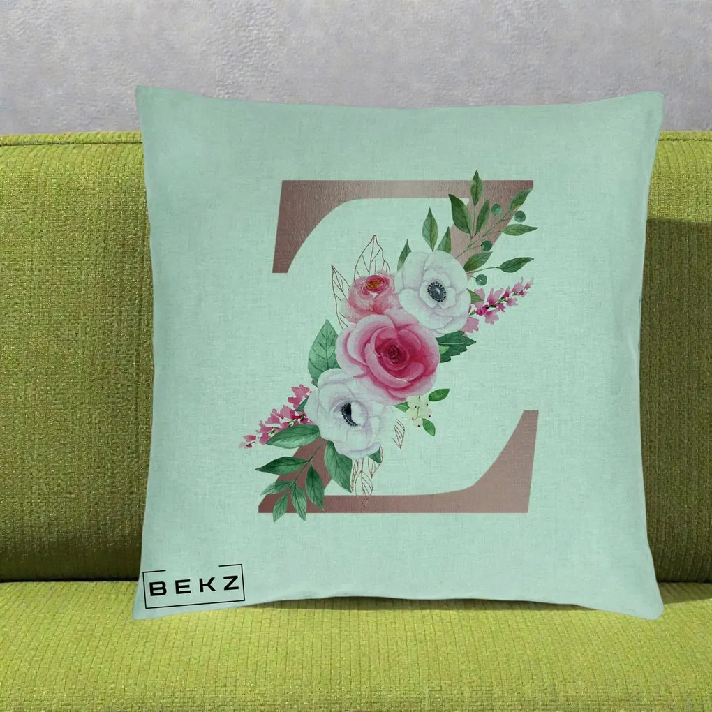 Cadou Personalizat - Perna Personalizata Monograma Rose Gold Litera Z, 40x40 cm, Verde Menta, Husa Detasabila, Perna Inclusa, BEKZ®