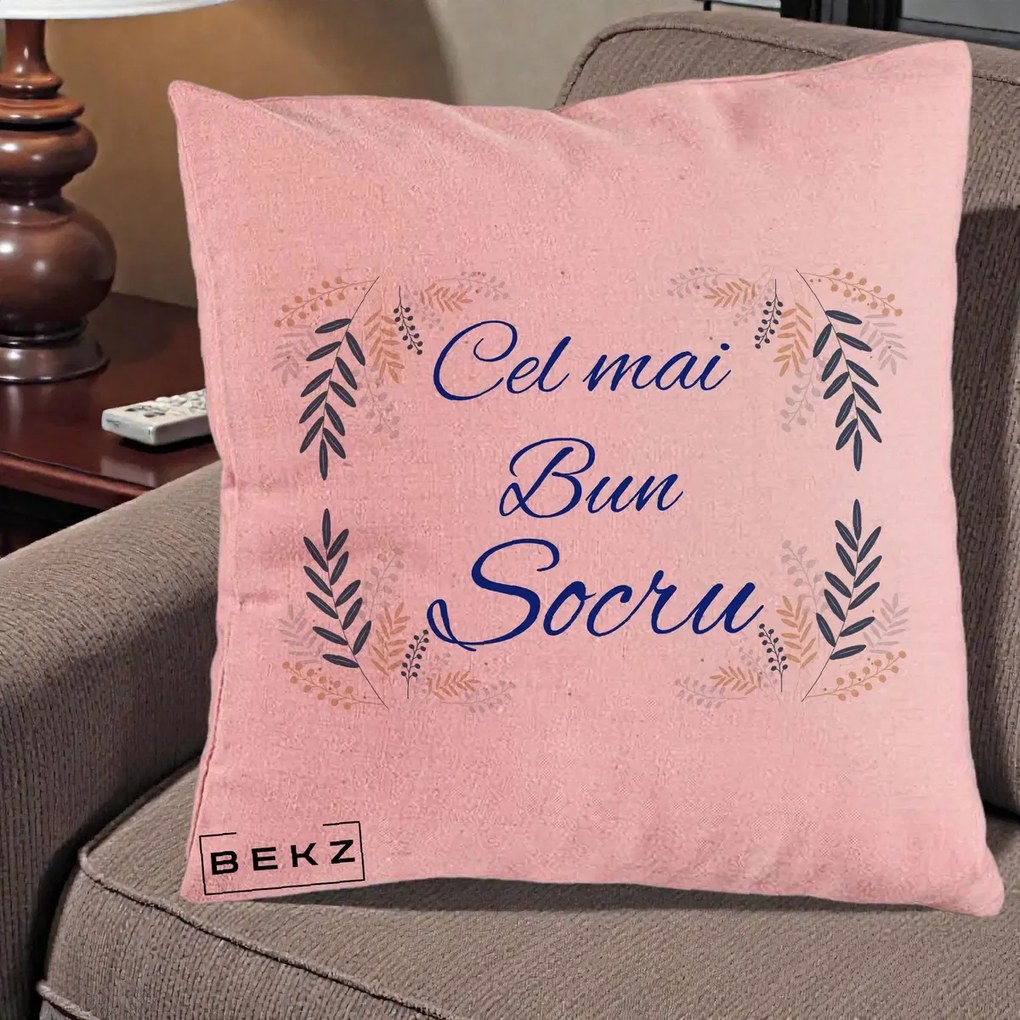 Cadou pentru Socru - Perna Personalizata Cel mai Bun Socru cu Ramuri Frunze Albastre si Aurii, 40x40 cm, Roz, Husa Detasabila, Perna Inclusa, BEKZ®