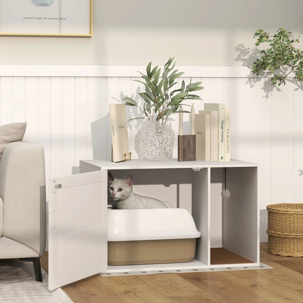 PawHut Casa de toaletă pentru pisici mobilier litieră pentru pisici saltea zgâriere ușă cu mâner stil boem 80 x 50 x 50 cm alb | Aosom Romania