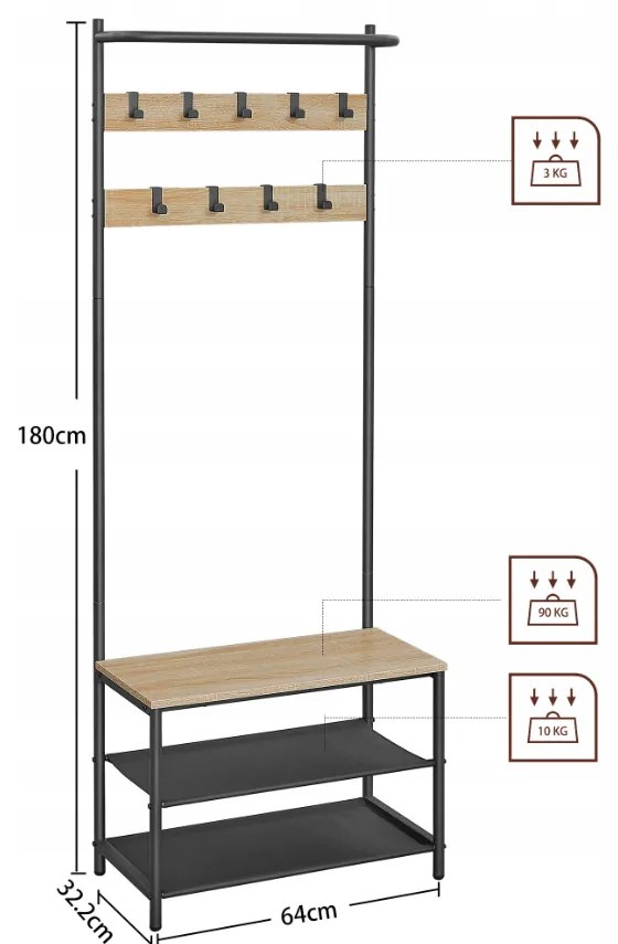 Perete de hol metalic LOFT 180 cm, negru/dub sonoma