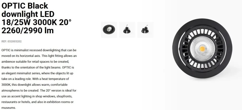 Spot LED incastrabil OPTIC Black downlight LED 18/25W 3000K 20° 2260/2990 lm