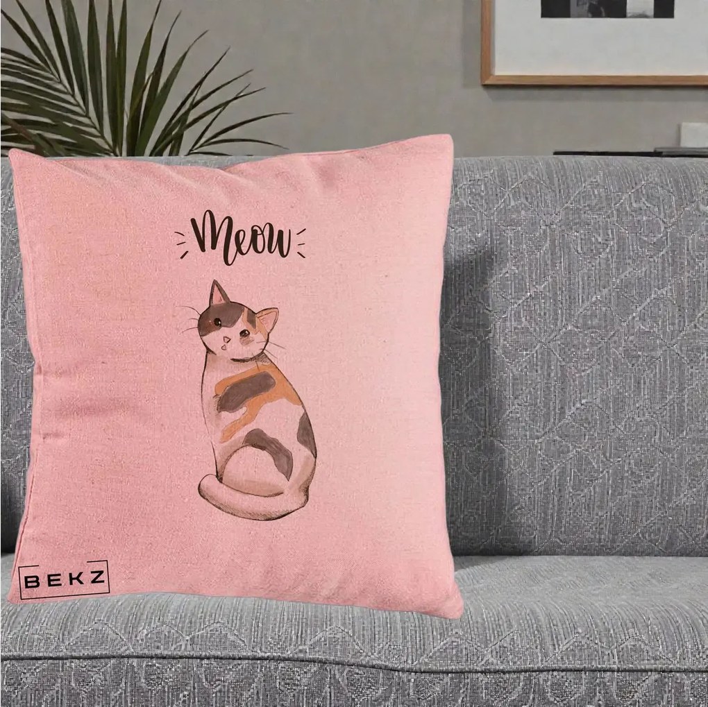 Perna Personalizata Pisica Meow Acuarela, 40x40 cm, Roz, Husa Detasabila, Perna Inclusa, BEKZ®