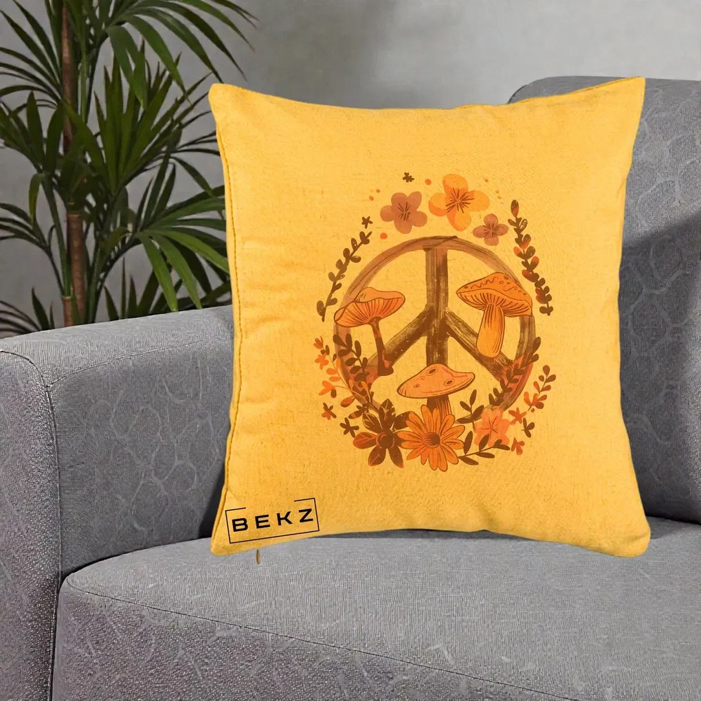 Perna Decorativa Peace Sign Ciuperci Floral, 40x40 cm, Galben, Husa Detasabila, Perna Inclusa, BEKZ®