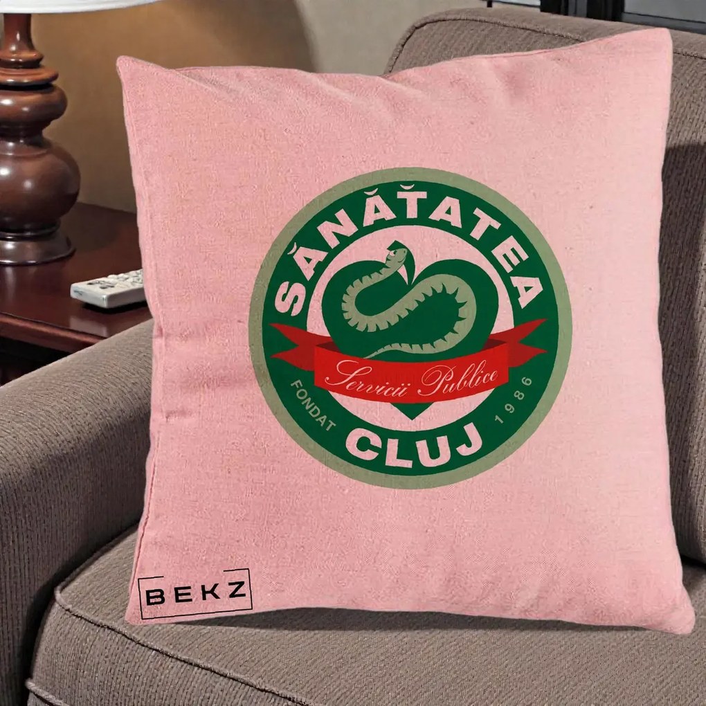 Perna Personalizata Sanatatea Cluj Servicii Publice 1986, 40x40 cm, Roz, Husa Detasabila, Perna Inclusa, BEKZ®