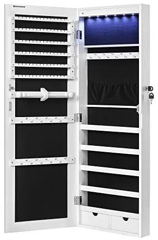 Dulap de bijuterii cu oglinda, Songmics, JJC99WT, Alb, 9,3 x 37 x 107 cm