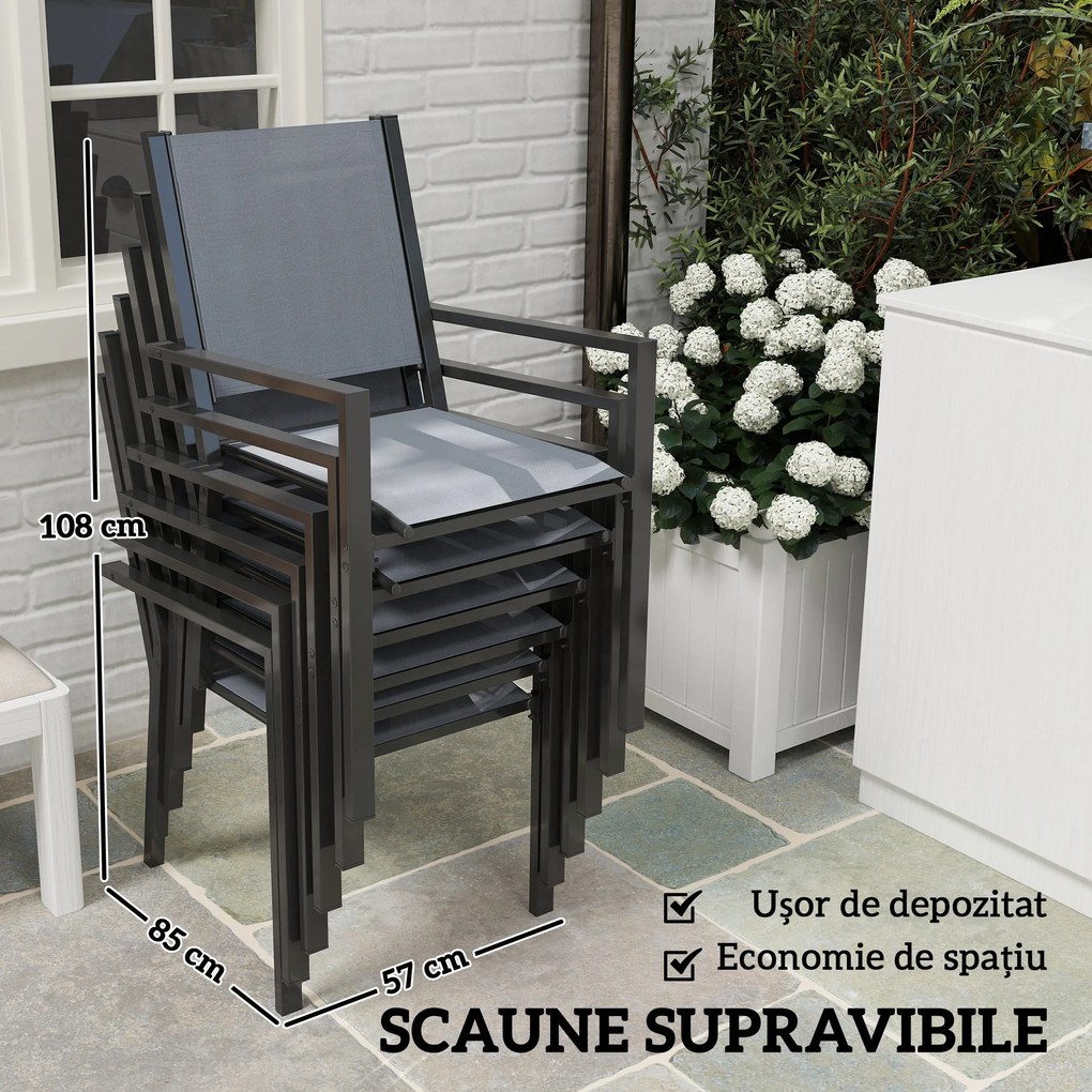 Outsunny Set Masă de Grădină cu Scaune, 7 Piese, Set de Prânz cu Masă cu Blat din Lemn Compozit cu Șipci și 6 Scaune de Exterior Stivuibile, Mobilier din Oțel cu Texteline, Gri și Negru | Aosom Romania