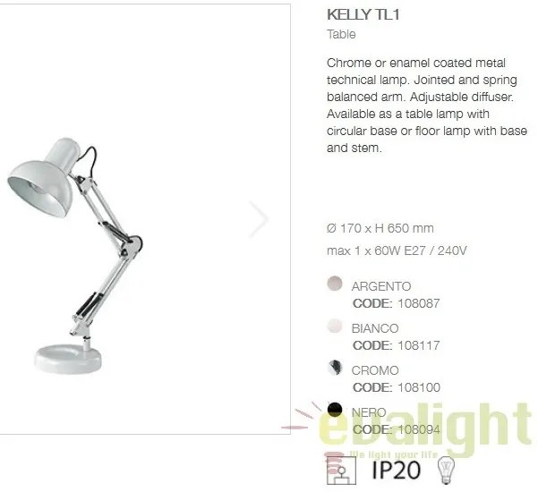 Lampa de masa, birou cu brat articulat KELLY TL1 NERO 108094