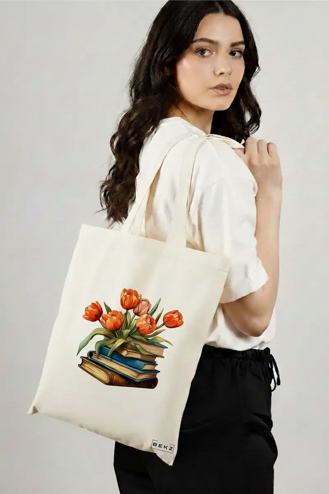 Sacosa de Panza pentru Cumparaturi, Geanta Tote, model Books and flowers 12 38 x 34.5 cm, Alba, BEKZ®
