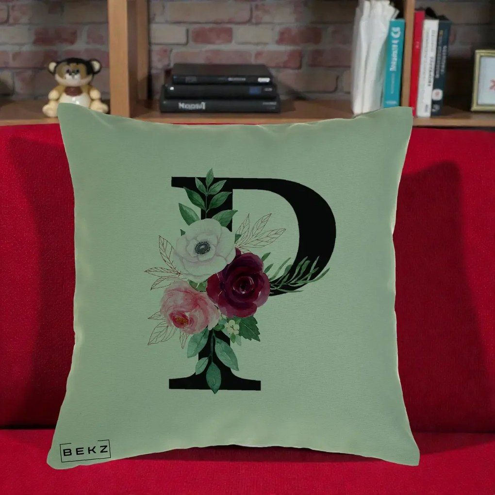Cadou Personalizat - Perna Personalizata Monograma Florala Litera P, 40x40 cm, Verde, Husa Detasabila, Perna Inclusa, BEKZ®