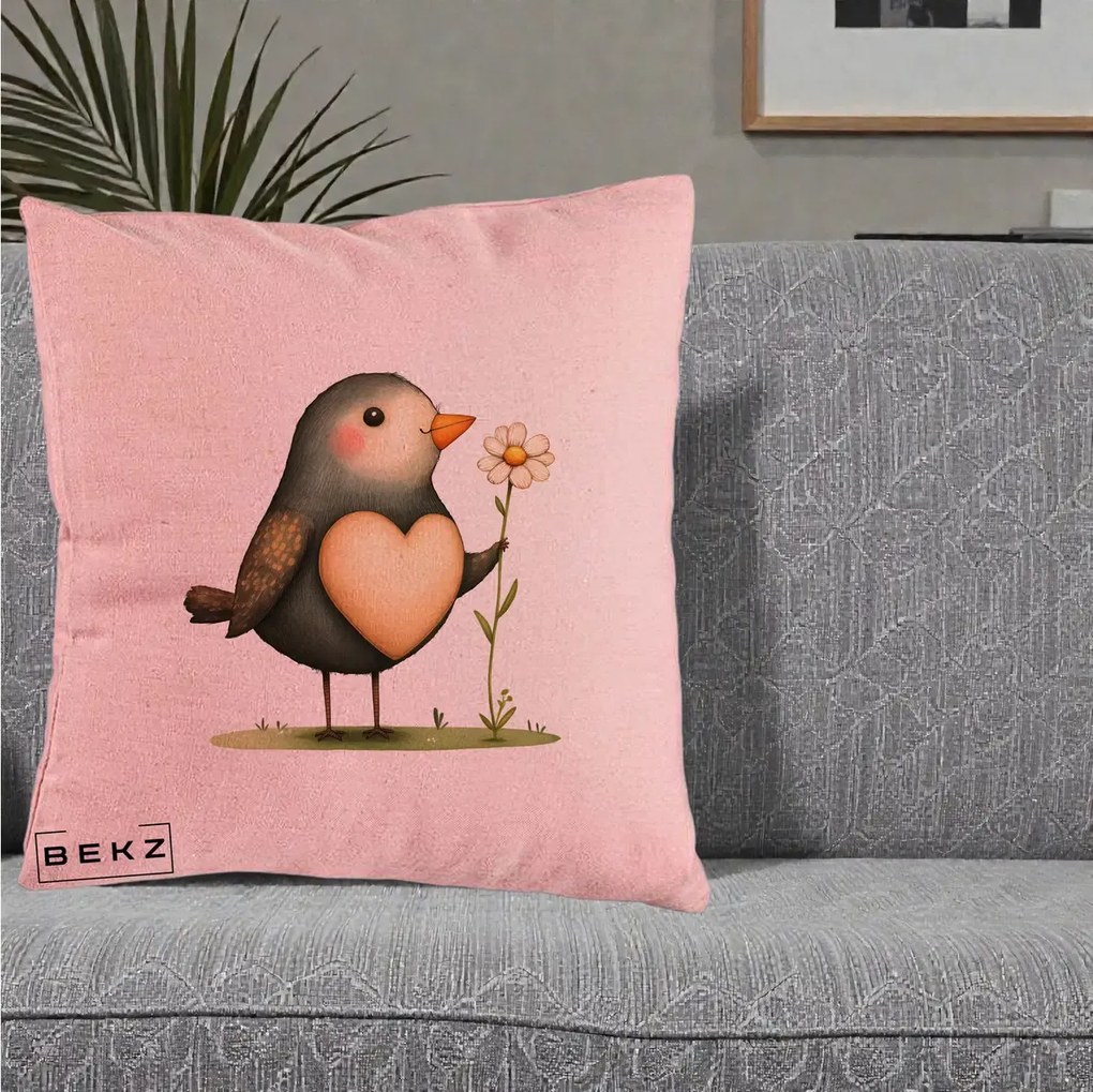 Perna Decorativa Pasare cu Inima si Margareta, 40x40 cm, Roz, Husa Detasabila, Perna Inclusa, BEKZ®