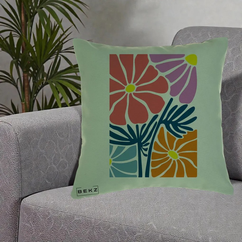 Perna Decorativa Flori Grafice Roz-Orange-Albastru, 40x40 cm, Verde, Husa Detasabila, Perna Inclusa, BEKZ®