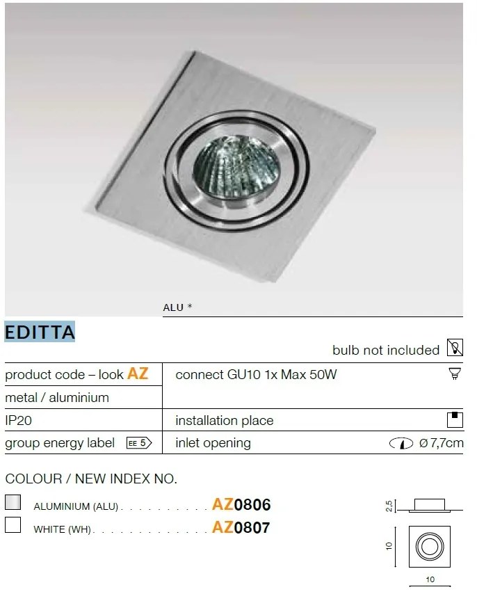 Spot incastrat directionabil de tavan/plafon EDITTA aluminiu