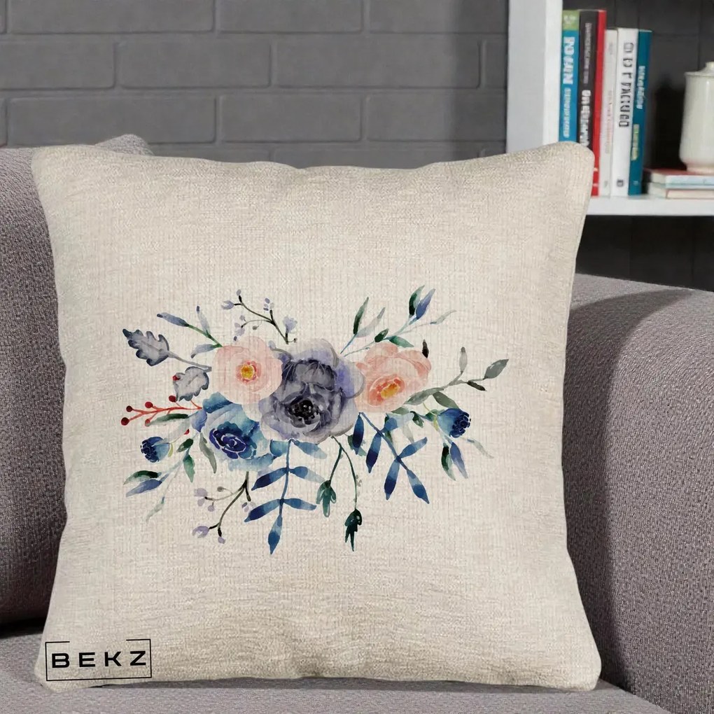 Perna Decorativa Buchet Flori Albastre Acuarela, 40x40 cm, Bej Canapea, Husa Detasabila, Perna Inclusa, BEKZ®