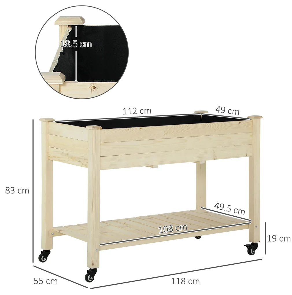 Outsunny Pat Grădină Legume Înălțat Lemn cu Roți, Jardiniera Înălțată cu Raft Inferior, 118x55x83cm, Natural | Aosom Romania