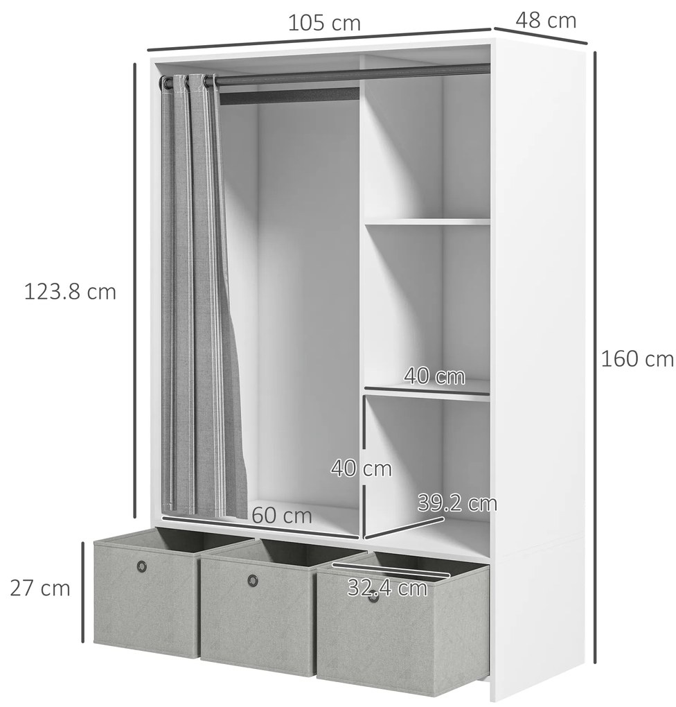 HOMCOM Dulap pentru haine dulap de depozitare cu bară cortină 3 sertare din material textil detașabile 105 x 48 x 160 cm alb | Aosom Romania
