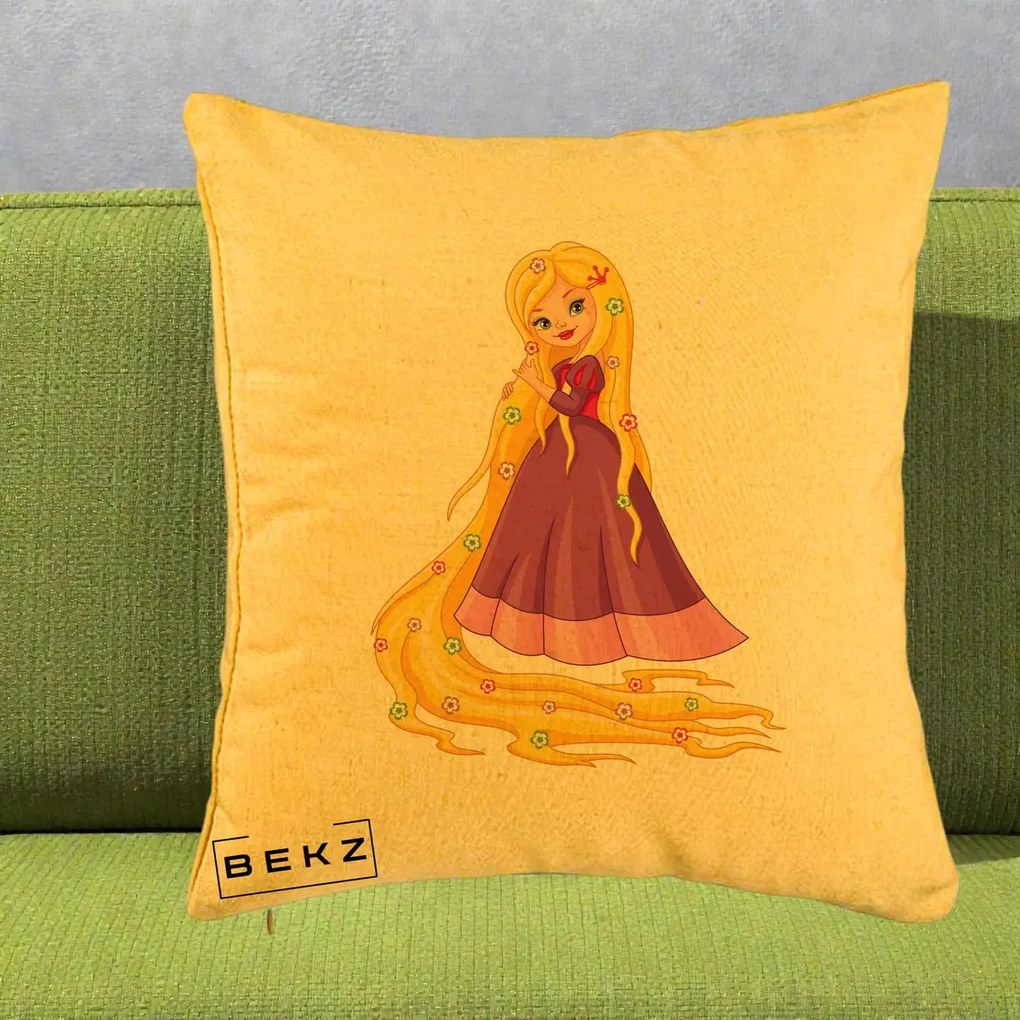 Perna Personalizata Rapunzel Par Lung Floral, 40x40 cm, Galben, Husa Detasabila, Perna Inclusa, BEKZ®