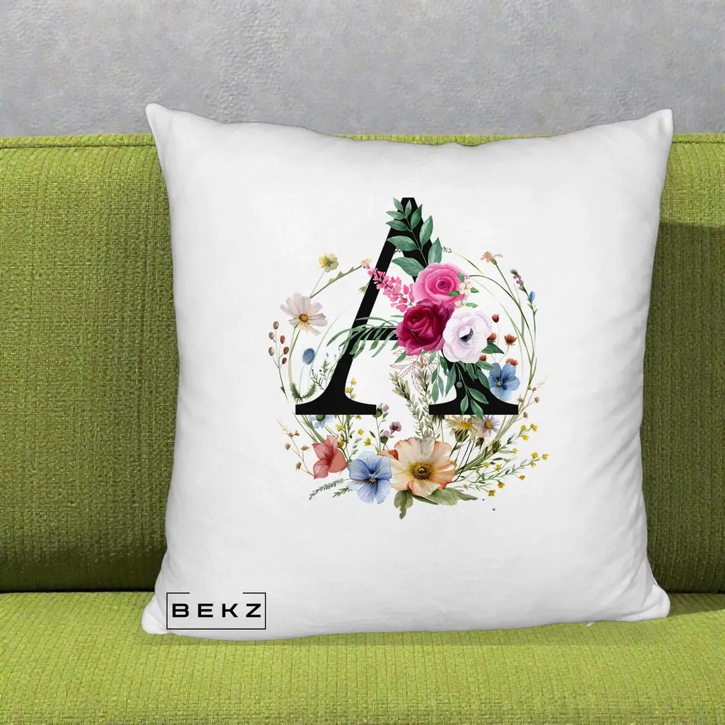 Cadou Personalizat - Perna Personalizata Monogram Litera A cu Flori Acuarela, 40x40 cm, Alb Pufos, Husa Detasabila, Perna Inclusa, BEKZ®