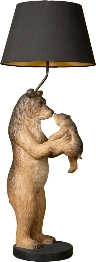 Lampă de masă din bumbac negru, cu structură din rășină maro în formă de urs cu pui, finisaj patinat, 60×36 cm, „Grizzly"