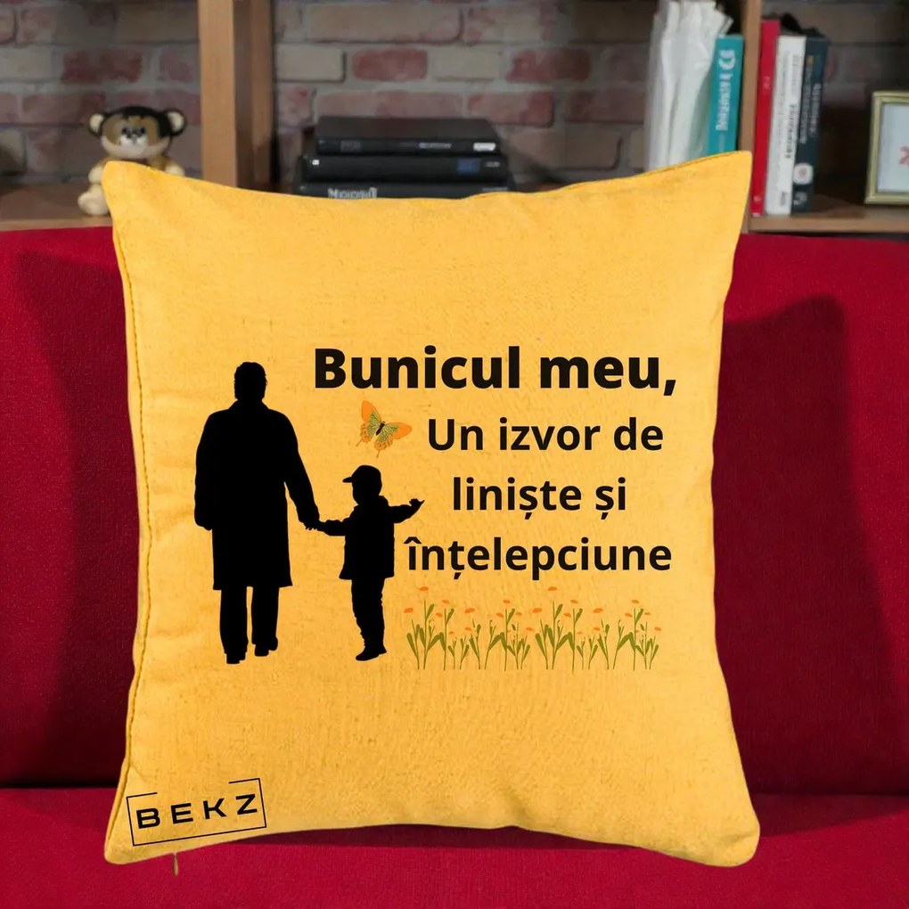 Cadou pentru Bunic - Perna Personalizata Bunicul Meu Izvor de Liniste cu Fluture si Baietel, 40x40 cm, Galben, Husa Detasabila, Perna Inclusa, BEKZ®