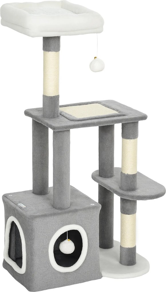 PawHut Ansamblu de joacă zgârietoare pentru pisici cu căsuță, pat și 2 mingi, din lemn și pluș, 55x40x107 cm, gri și alb | Aosom Romania