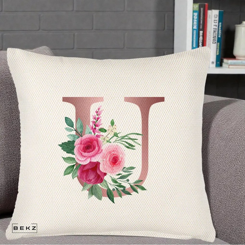 Cadou Personalizat - Perna Personalizata Monograma Rose Gold Litera U, 40x40 cm, Crem Reliefat, Husa Detasabila, Perna Inclusa, BEKZ®