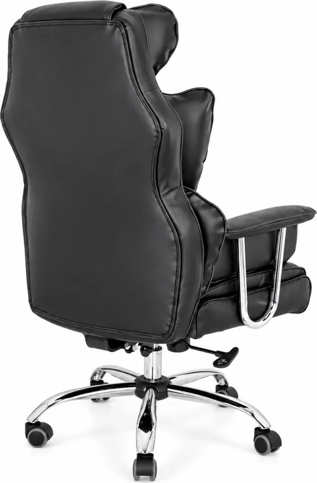 Scaun directorial cu spătar înalt, buretare generoasă, rabatabil 90-125°, material piele PU rezistentă, bază metalică, Negru