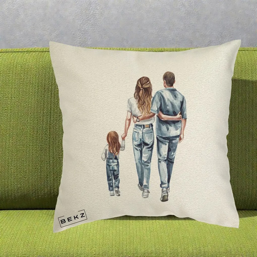 Cadou pentru Familie - Perna Personalizata Familie Acuarela Jeans, 40x40 cm, Ecru, Husa Detasabila, Perna Inclusa, BEKZ®