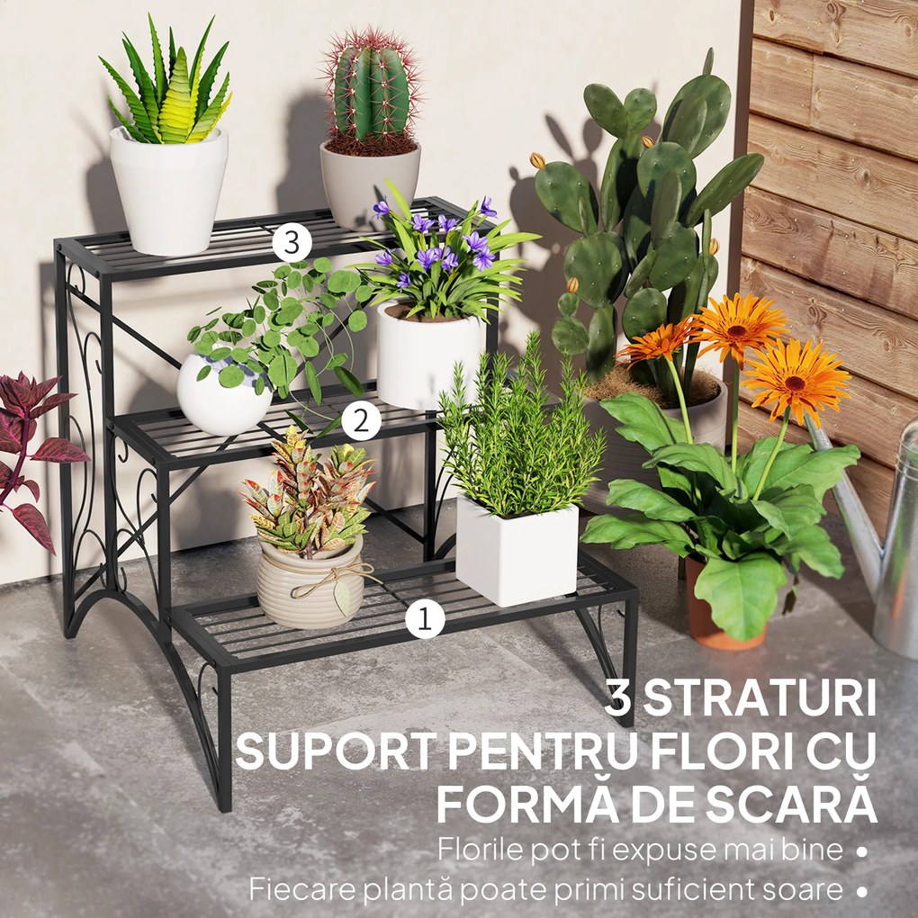 Outsunny Raft pentru Plante cu 3 Niveluri din metal, 60x60x60 cm, Negru | Aosom Romania