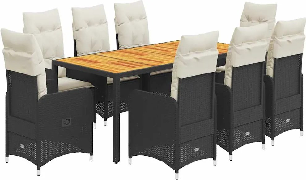 vidaXL Set bistro de grădină, 9 piese, cu perne, negru, poliratan