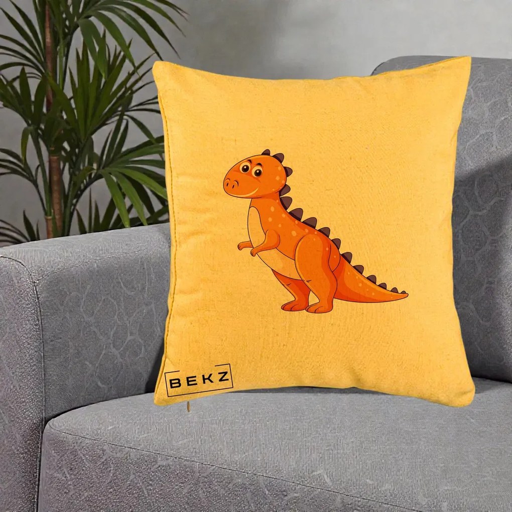 Perna Decorativa T-Rex Portocaliu, 40x40 cm, Galben, Husa Detasabila, Perna Inclusa, BEKZ®