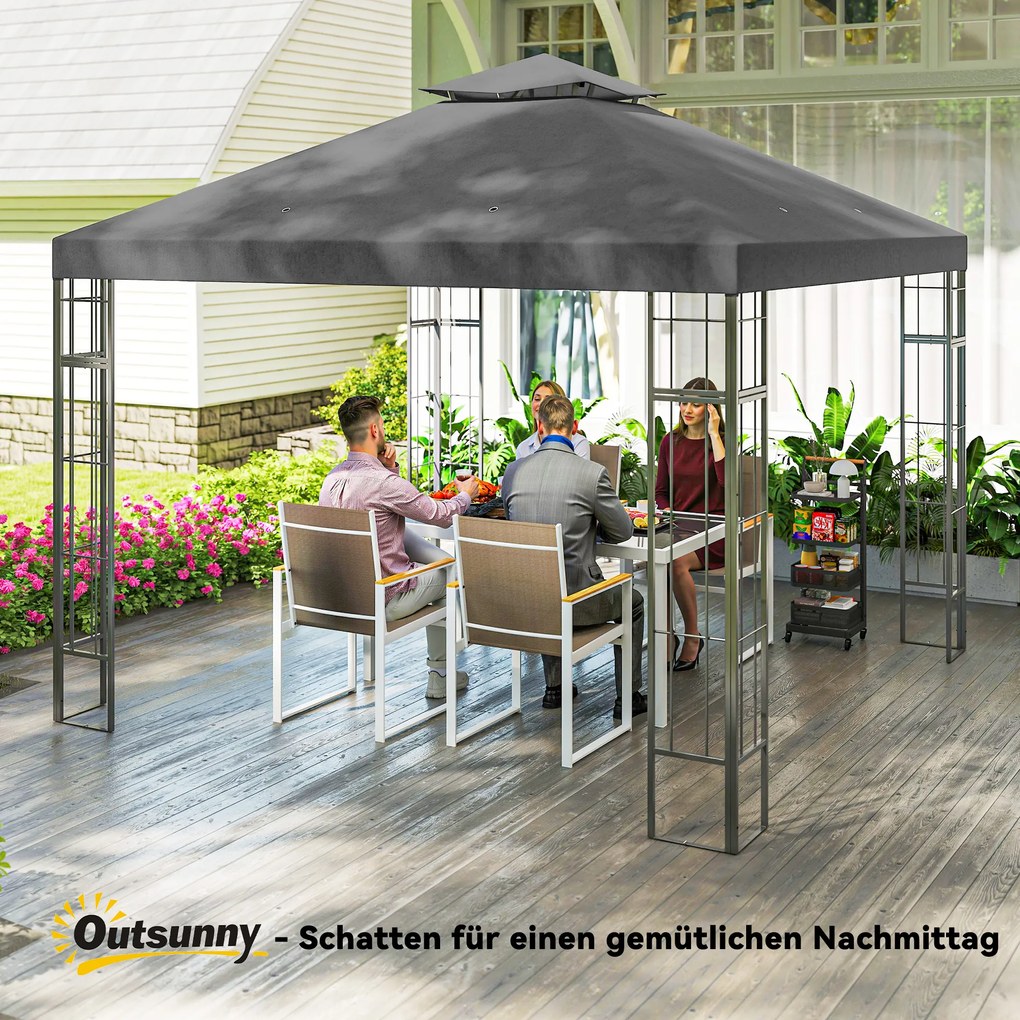 Outsunny Pavilion de grădină 3x3 m, Design cu acoperiș în două trepte, Protecție UV30+, Rezistent la UV, Protecție solară, Cadru metalic, Gri închis | Aosom Romania