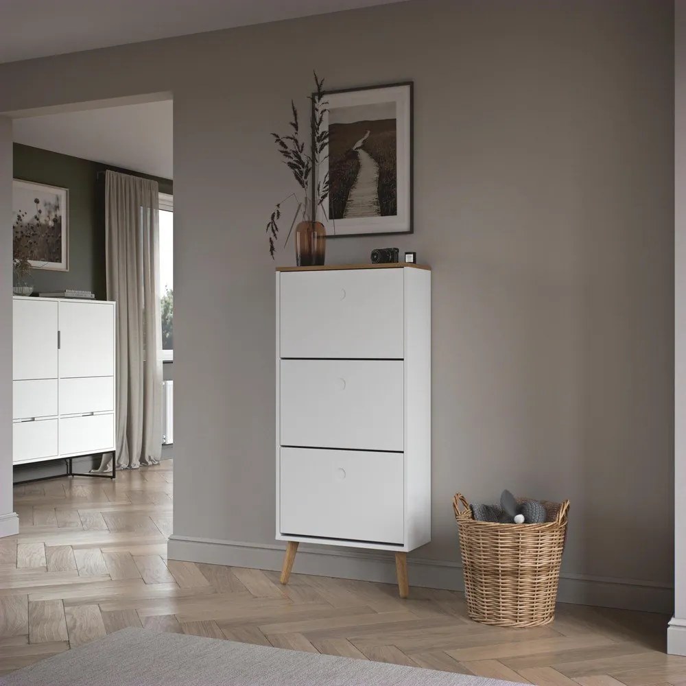 Pantofar cu detalii în decor de stejar și 3 compartimente Tenzo Dot, alb