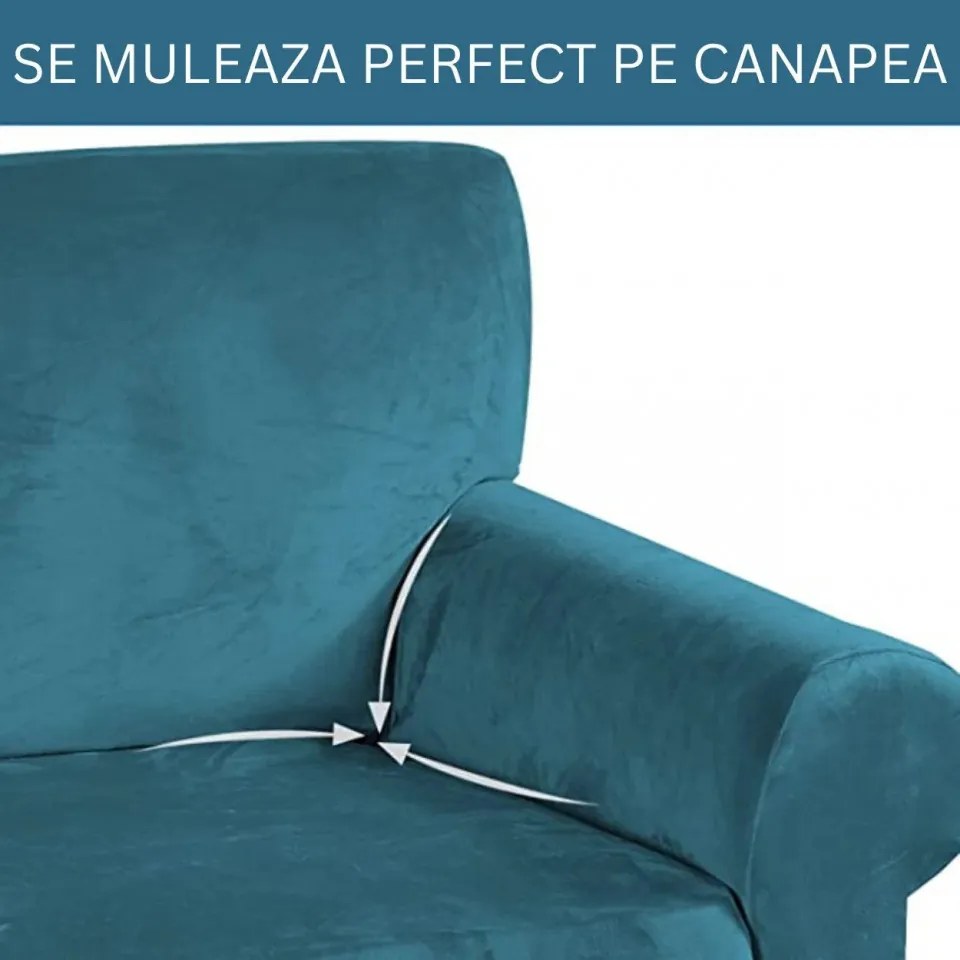 Set huse elastice din catifea pentru canapea 3 locuri + 2 fotolii, cu brate, turquoise, HCCJS-05