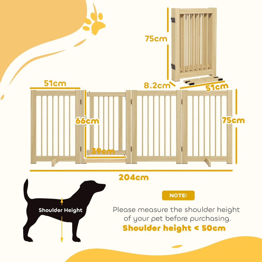 PawHut Grilaj independent pentru câini, 4 panouri, flexibil, lemn de pin, 204L x 36B x 75H cm, lemn natural | Aosom Romania