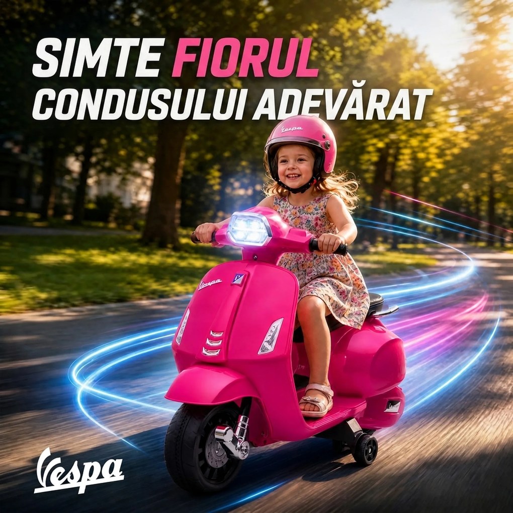 AIYAPLAY Motocicletă electrică copii Vespa 6V cu roți de sprijin, far, claxon pentru 2-6 ani 71 x 37 x 52 cm Roz | Aosom Romania
