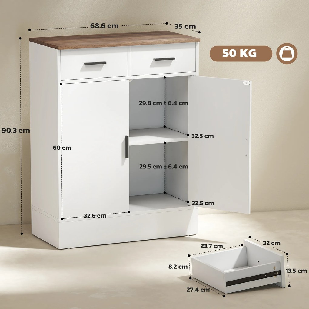 HOMCOM Bufet Modern cu 2 Sertare și Dulap cu 2 Uși Alb și Lemn | Aosom Romania