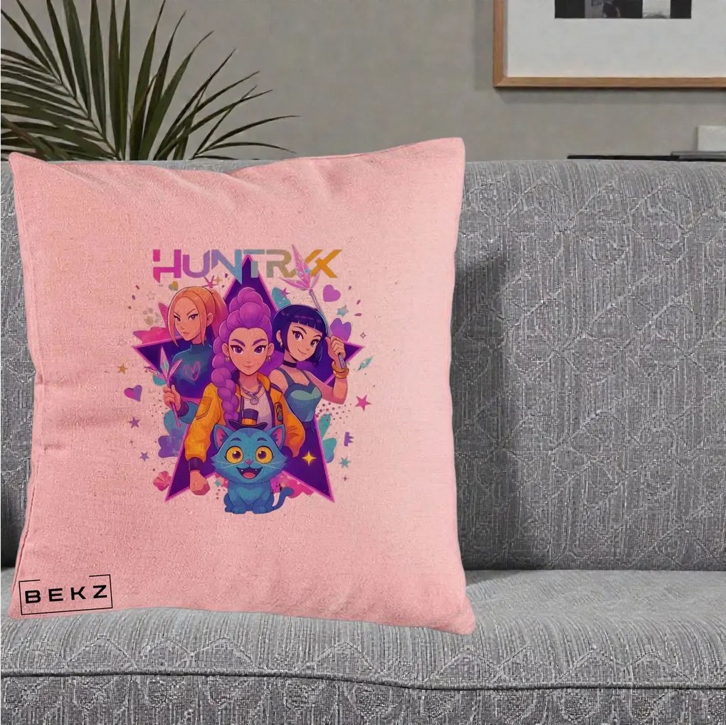 Perna personalizata K-pop HUNTRX Trio cu Pisica Stele, 40x40 cm cu Umplutura, Roz, BEKZ