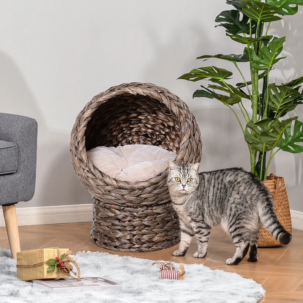 PawHut Cusca Ridicată pentru Pisici cu Pernă Materiale Naturale 42x33x52cm | Aosom Romania