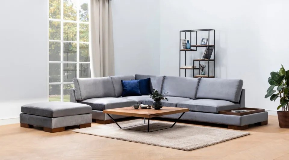 Coltar si Taburet Tulip Corner Left With Pouf, Gri Inchis