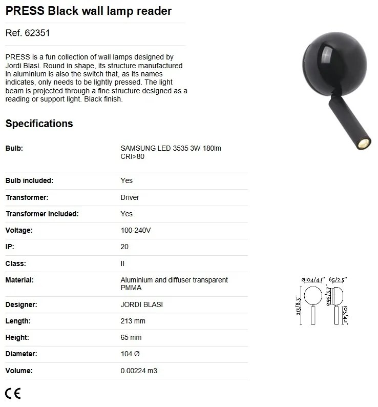 Aplica cu reader LED stil modern minimalist PRESS Black