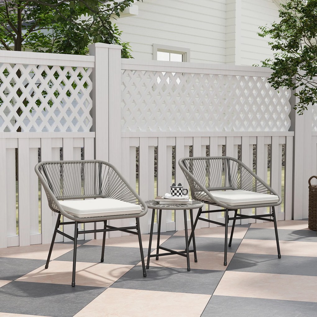 Outsunny Set de mobilier de exterior cu 3 piese, 1 masă, 2 scaune, Împletitură de ratan, Cadru din oțel, Masă de cafea cu blat de sticlă, Gri închis | Aosom Romania